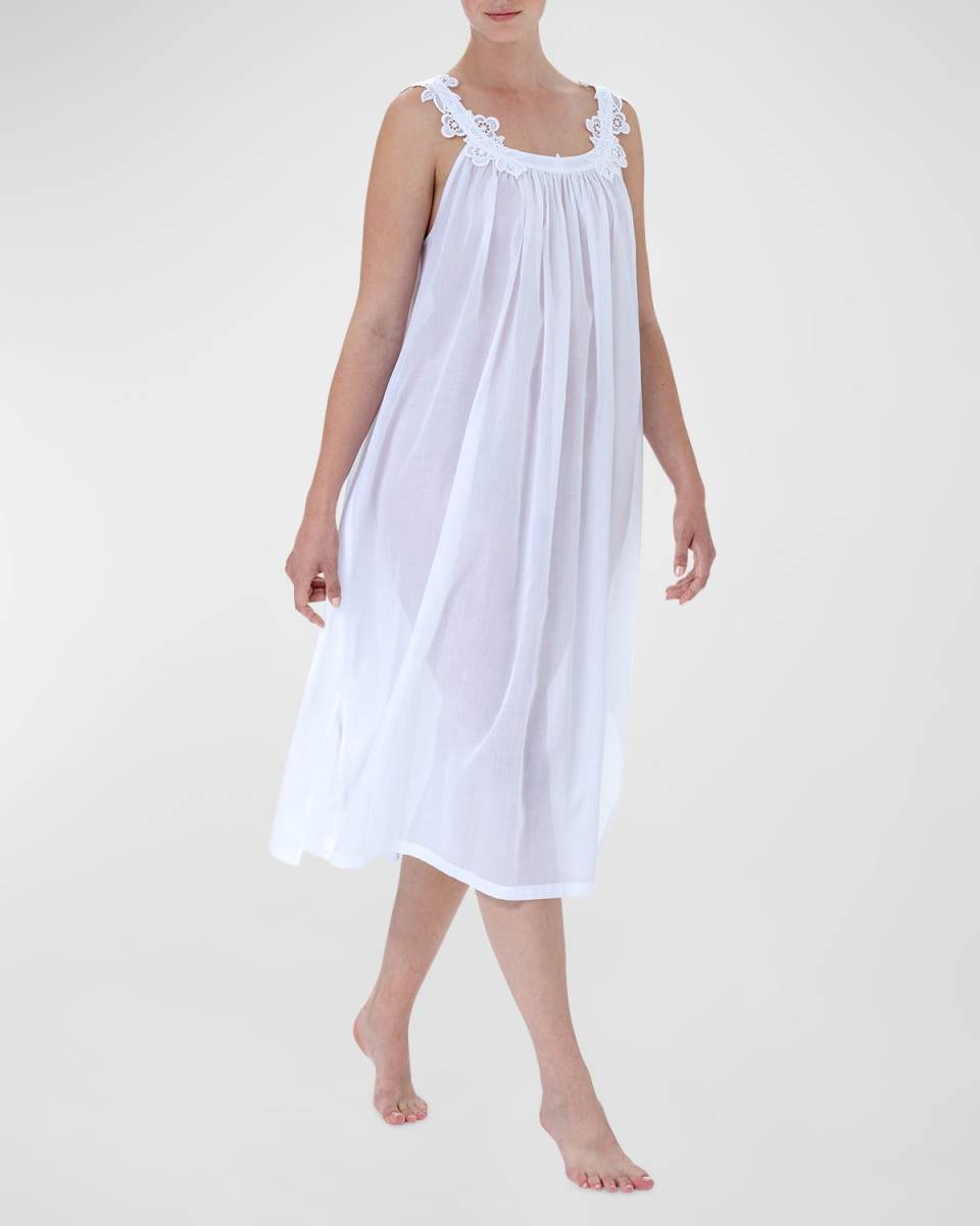 Ronya-1 Ruched Lace-Trim Cotton Nightgown